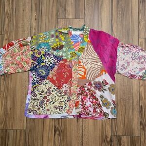 Sacred Threads Bohemian Indie Patchwork Rayon Button up Kimono Top Blouse Size S